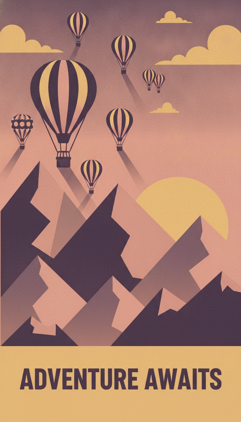 Vector hot air balloons over geometric mountains