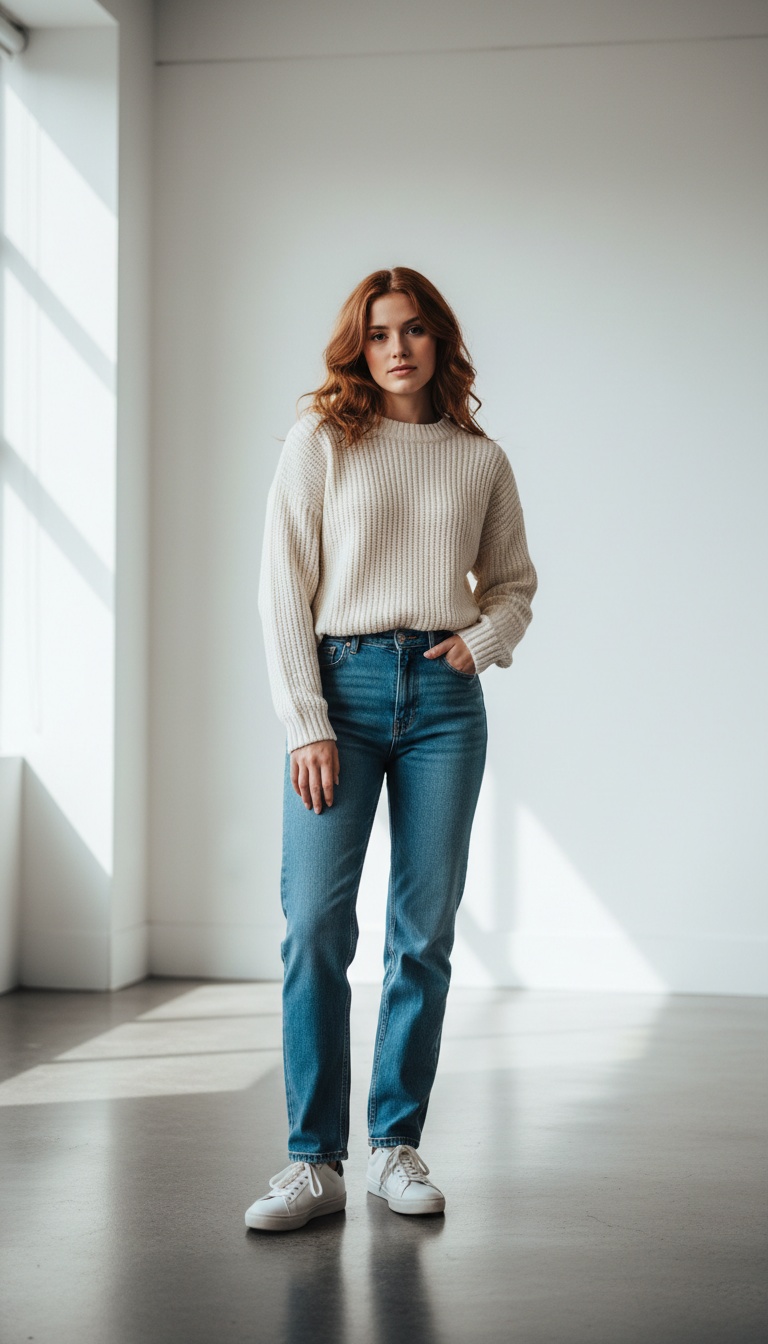 Woman in a cream knit sweater and jeans