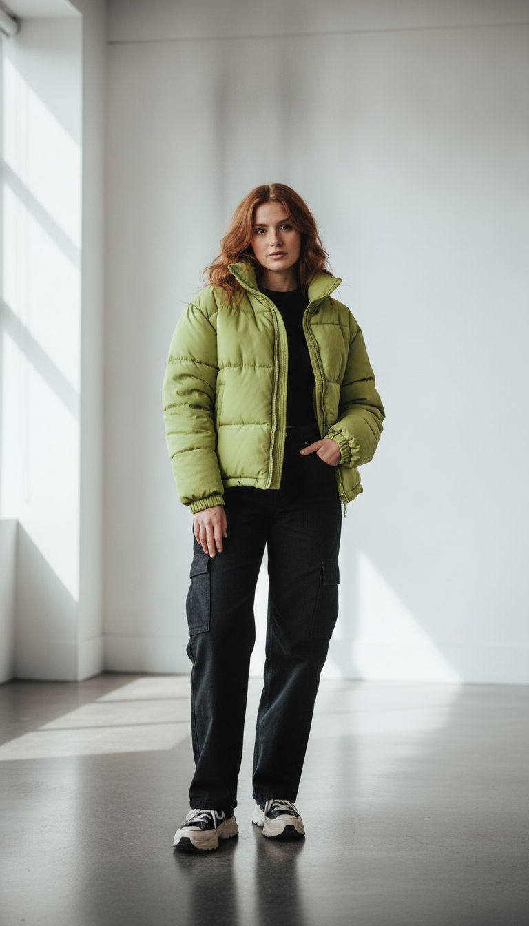 Same woman in a lime green puffer jacket