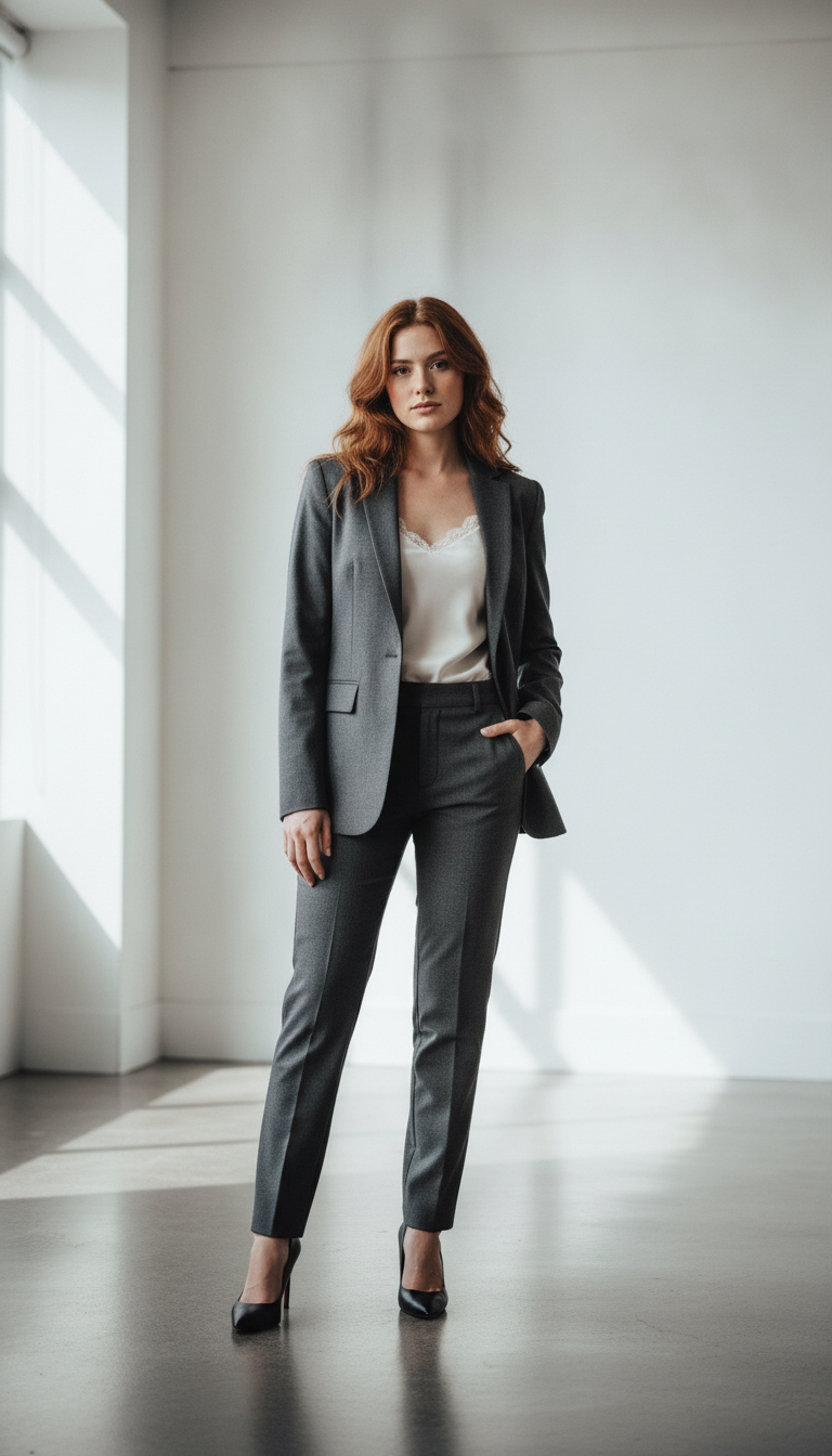 Same woman in a tailored charcoal blazer suit