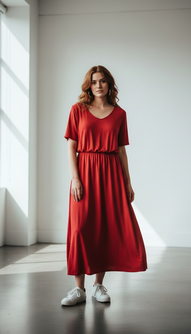 Same woman in a flowing scarlet summer dress