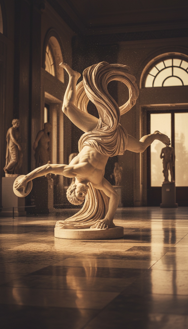 Marble statue mid headspin