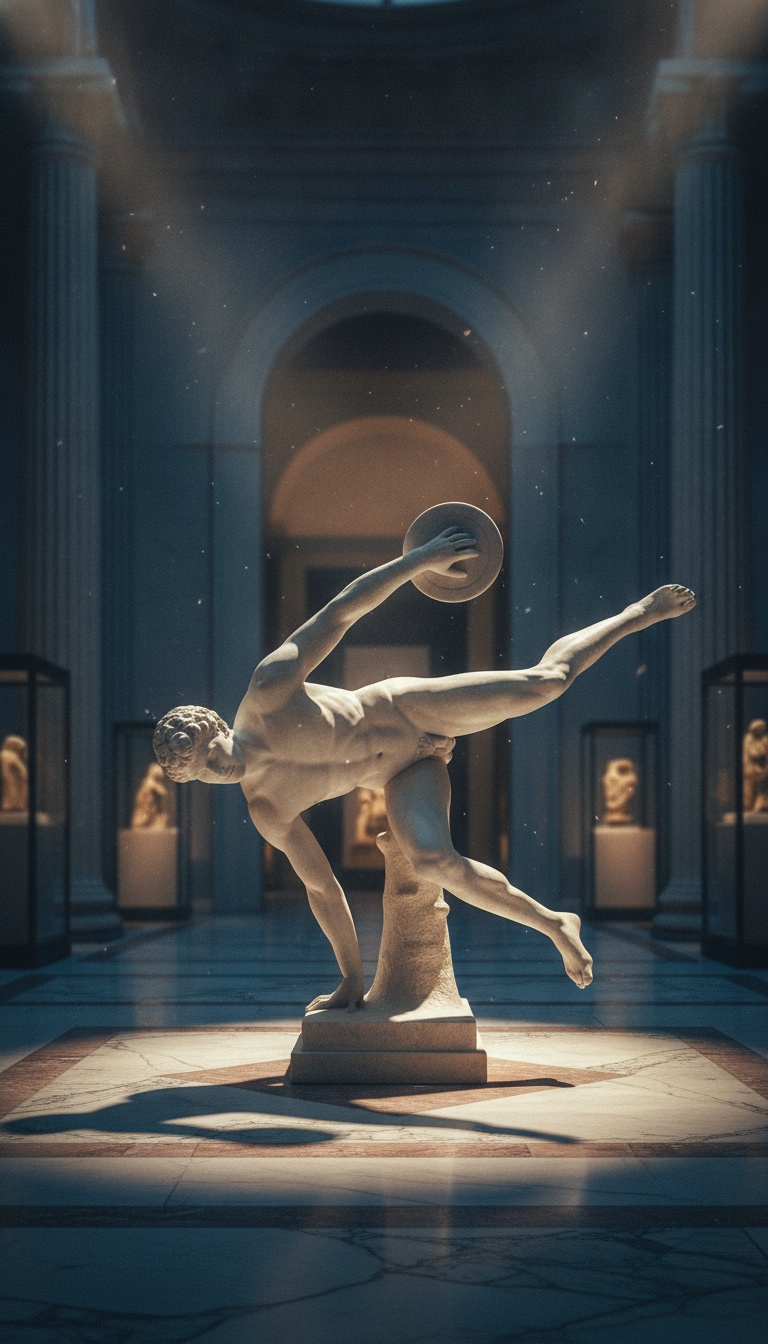 Marble statue breakdancing in a museum