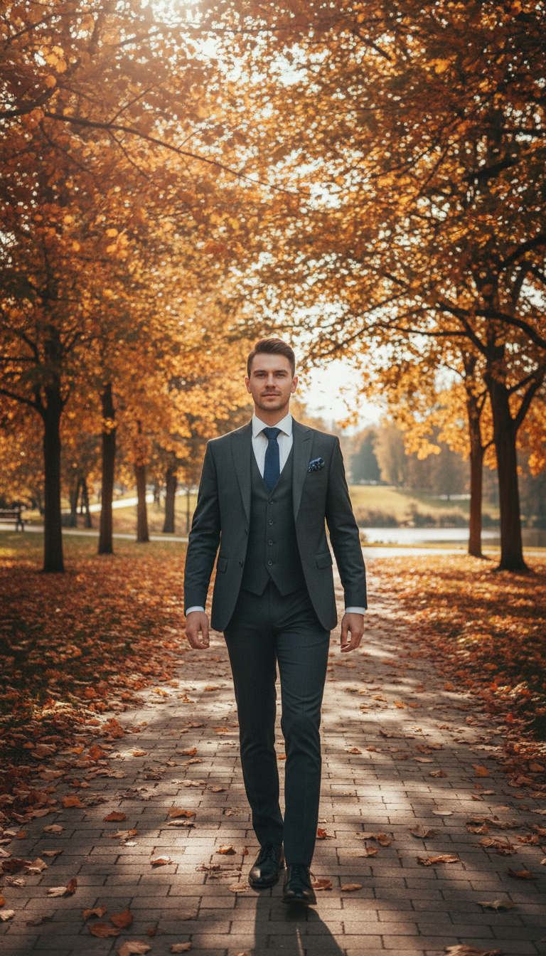 Same man on a sunlit autumn park path