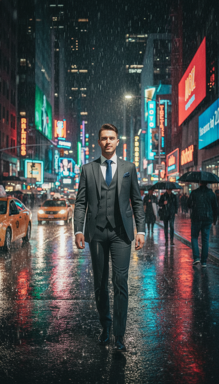Same man on a neon-lit street in the rain