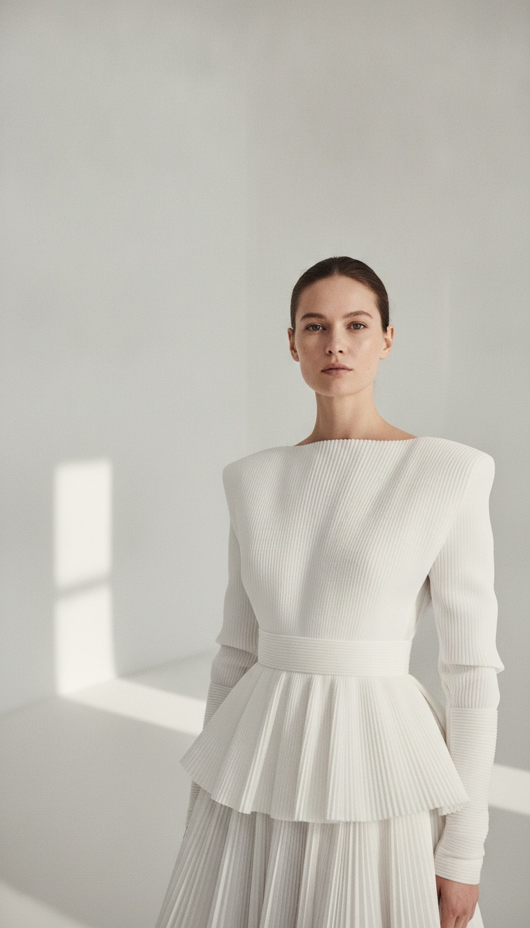 Elegant woman in a sculptural white gown, all-white room