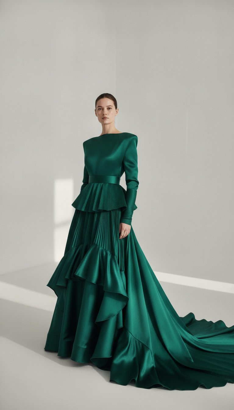 Same woman in an emerald silk gown with ruffled train