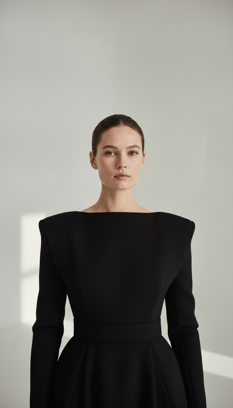Same woman in a black avant-garde gown