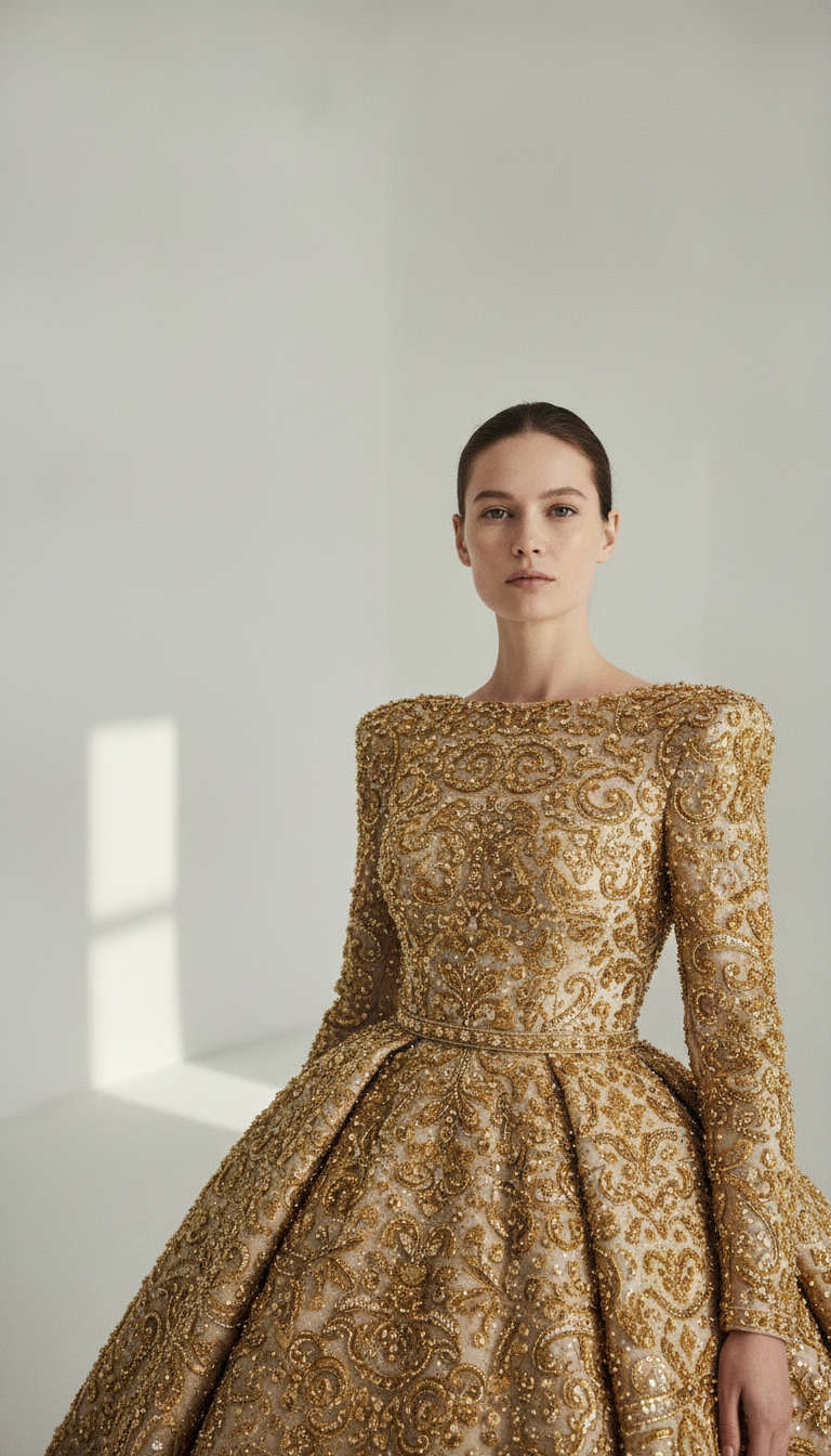 Same woman in a gold embroidered ballgown
