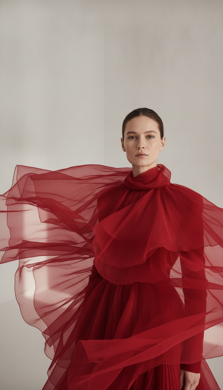 Same woman in a scarlet chiffon gown frozen mid-air