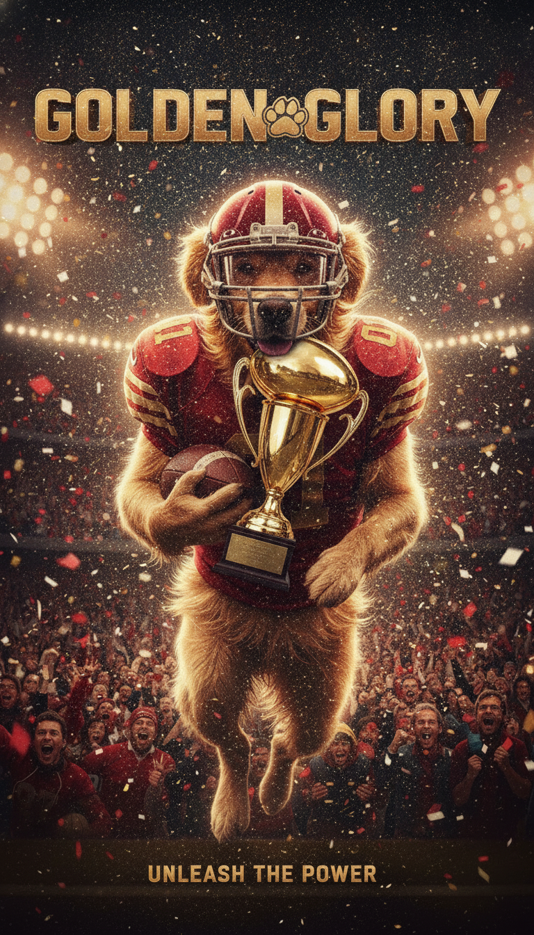 Same retriever holding a golden trophy in confetti