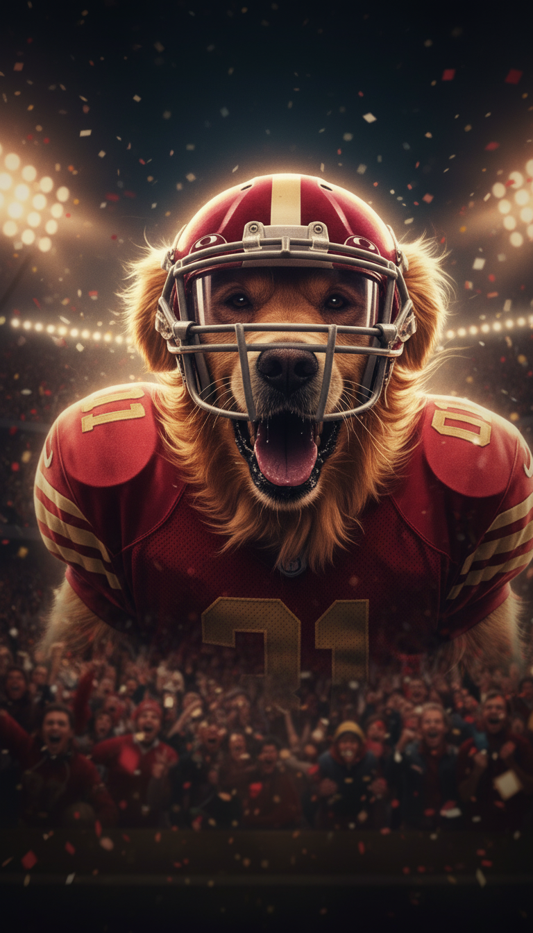 Same retriever barking under stadium floodlights