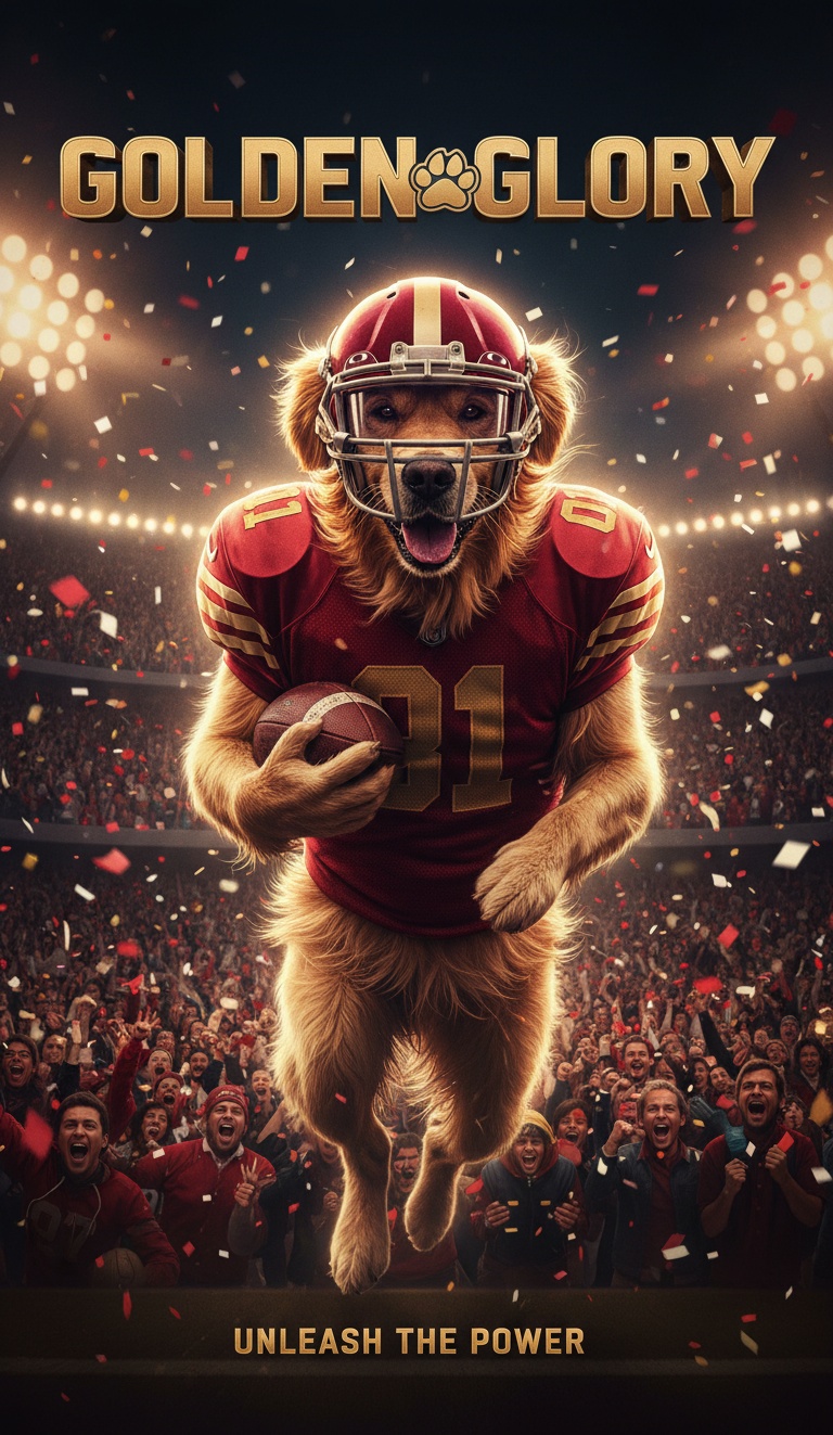 Golden retriever sports poster in a stadium
