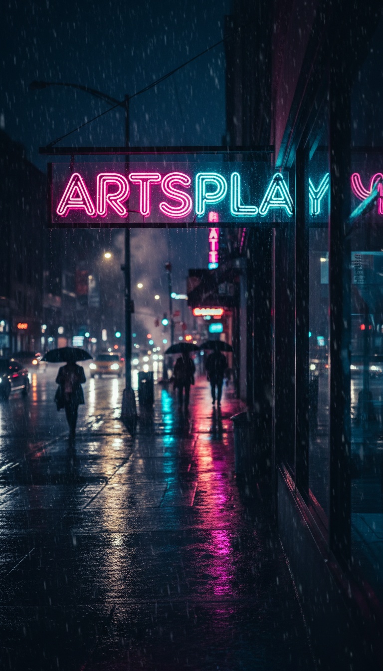 Neon ArtsPlay sign over a rainy street