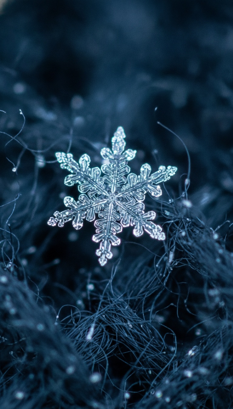 Macro snowflake crystal on navy wool