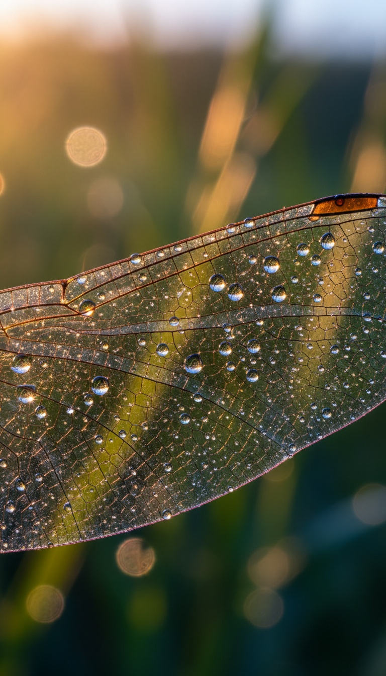 Macro dragonfly wing with dew