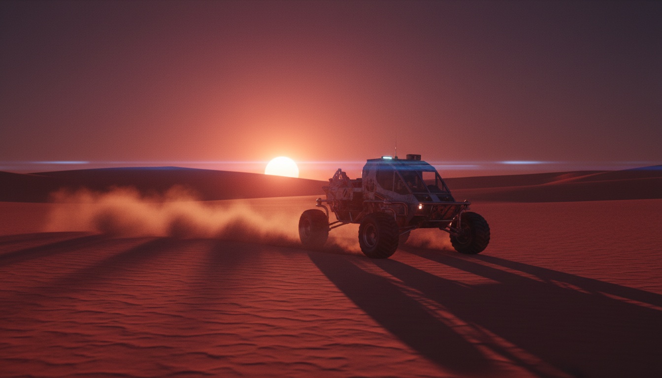 Rover racing across a desert at sunset