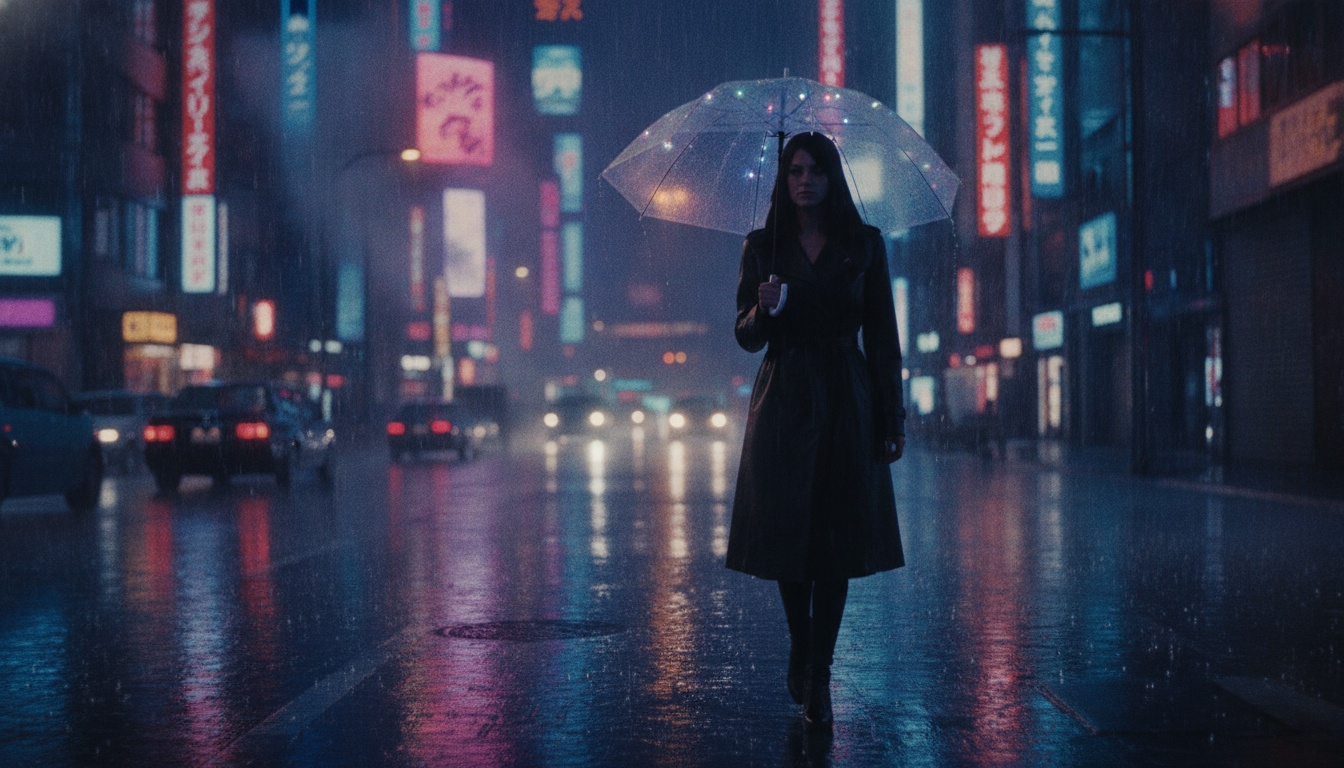 Umbrella crossing a neon street in rain