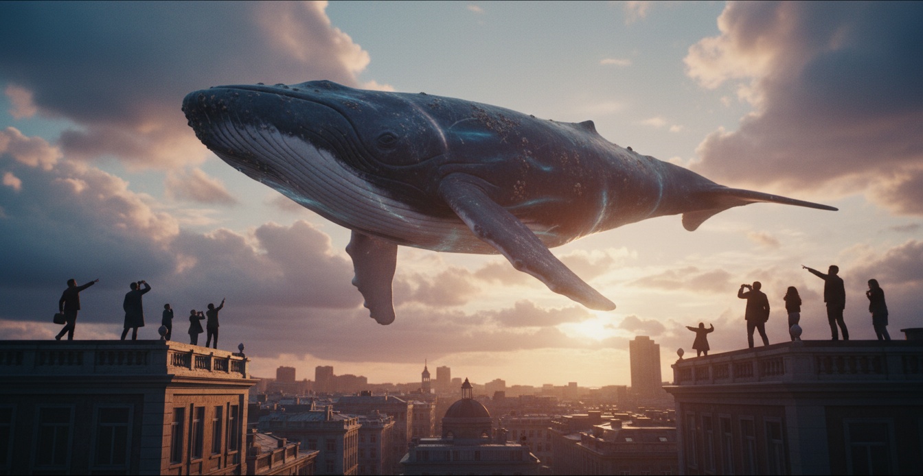 Whale drifting between clouds over a city