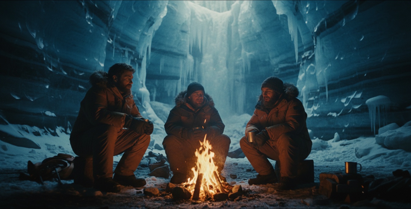 Explorers around a campfire in an ice cave