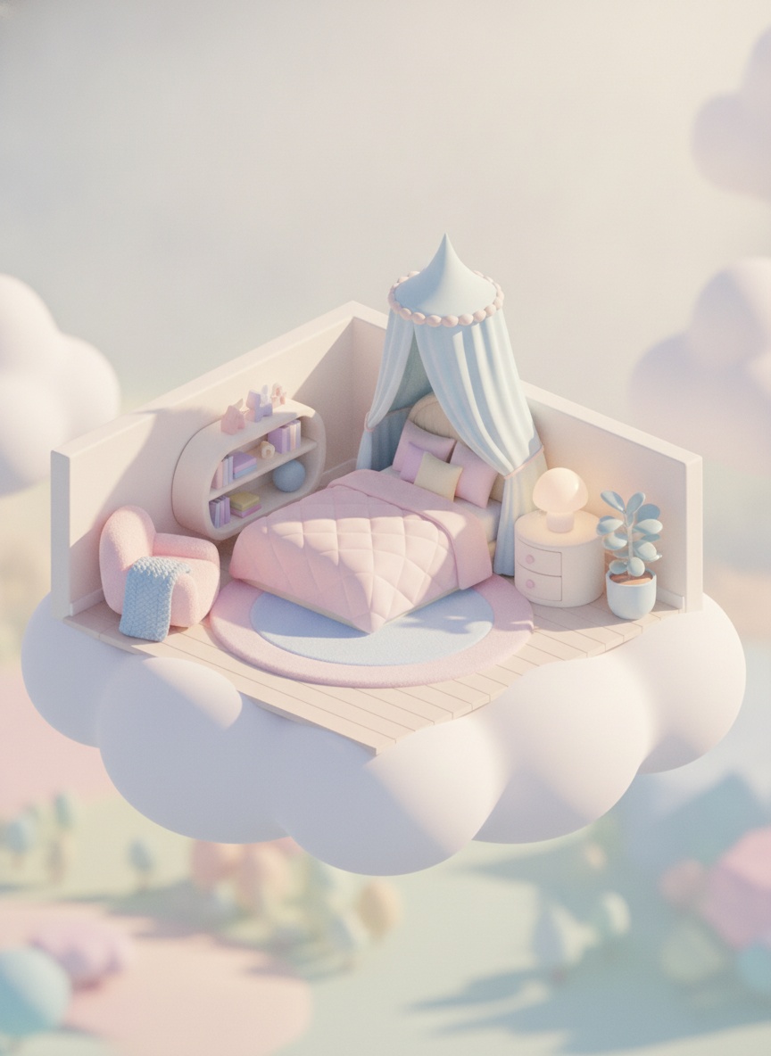 Pastel isometric bedroom on a cloud