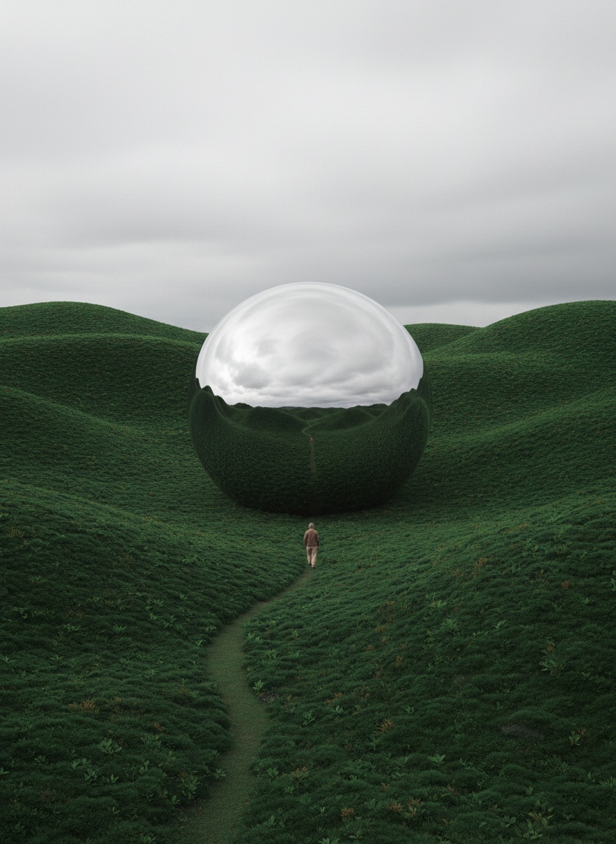 Surreal green landscape with chrome sphere